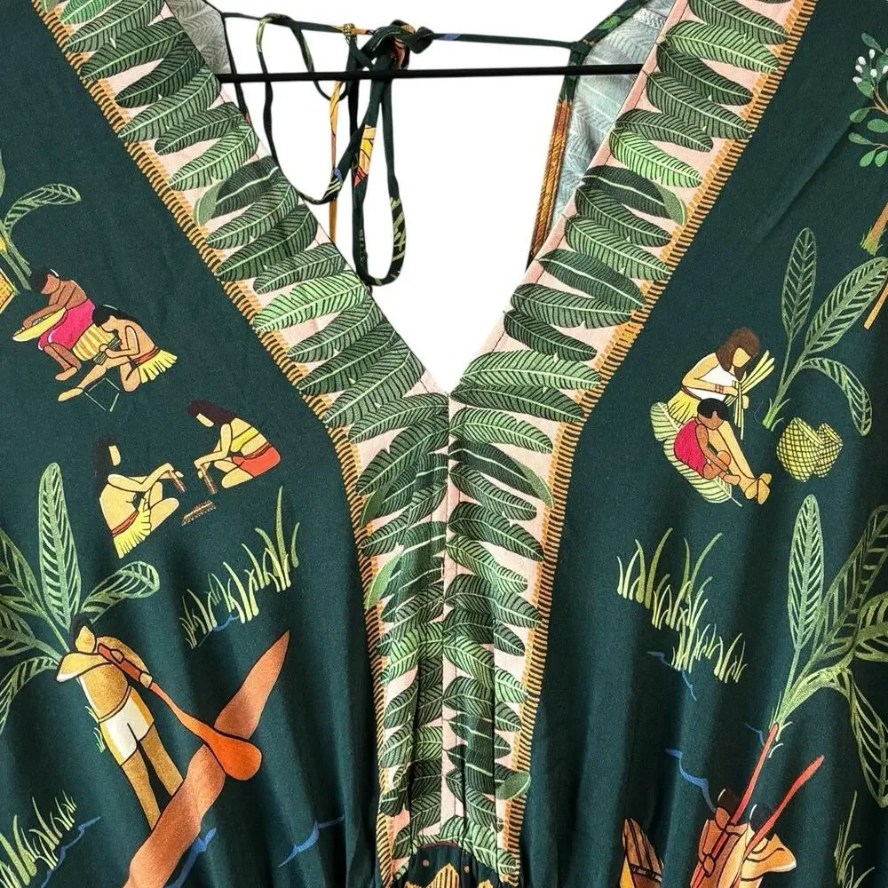 Farm‎ Rio Womens Dress Green Medium Yawanawa Indigenous Hut Print Rare Viscose - Picture 7 of 15